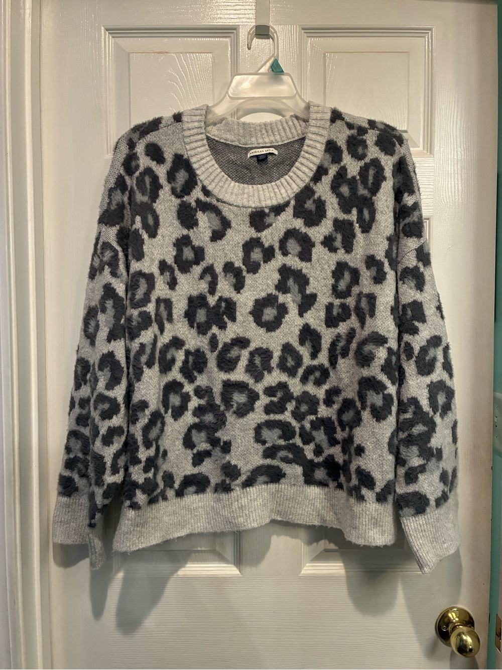 American Eagle Outfitters Gray Leopard Fuzzy Crewneck Sweater